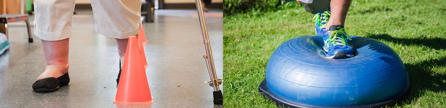 person walking around cones on left, person balancing on blue ball on right